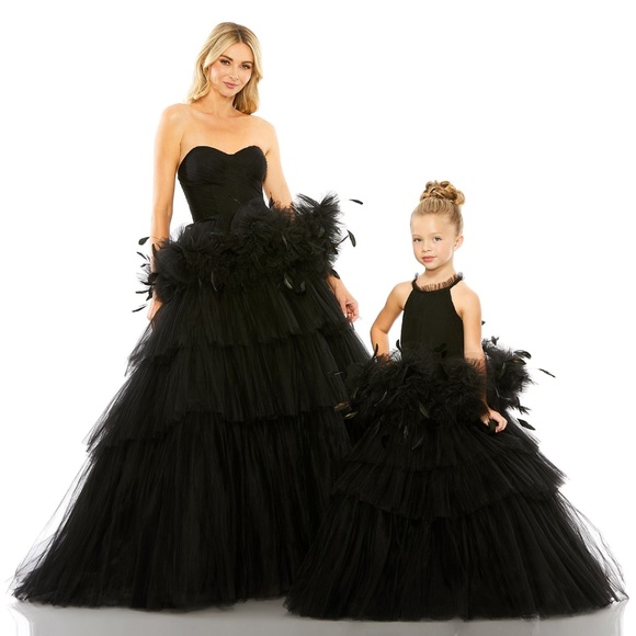 Mac Duggal GIRLS HIGH NECK TULLE DRESS WITH FEATHER DETAIL - Picture 4 of 4